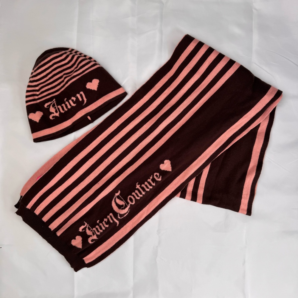 VINTAGE Juicy Couture Pink and Brown Striped Scarf/Hat Set